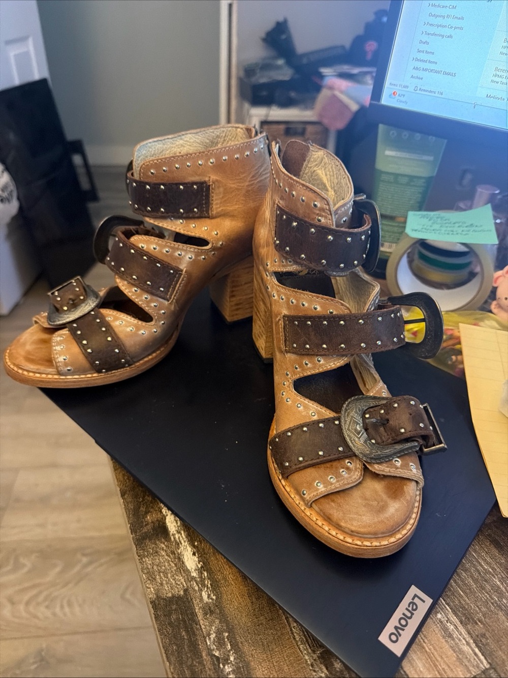 freebird Brown Studded Buckle Block Heel Sandals
